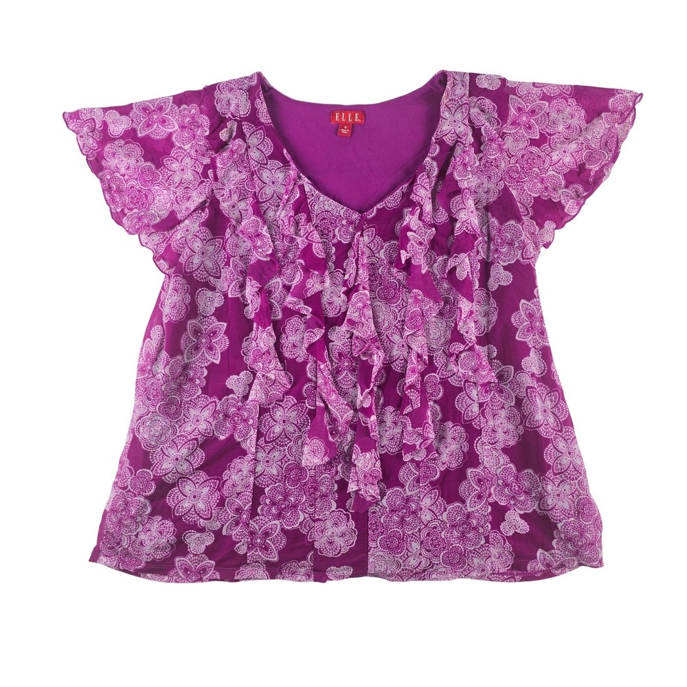 Elle Ruffle Front Blouse Womens 1X Purple Floral Flutter Sleeve V-Neck Top Plus